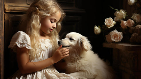 The image is a portrait of a young girl, probably around 6-7 years old, sitting in front of a fireplace with a golden retriever dog. The girl is wearing a white dress with a lace bodice and a full skirt. She has blonde hair styled in loose curls and is looking down at the dog with a gentle expression on her face. The dog is sitting next to her, with its head resting on the girl's lap. The background is dark and there are a few pink roses on the right side of the image. The overall mood of the portrait is peaceful and serene.