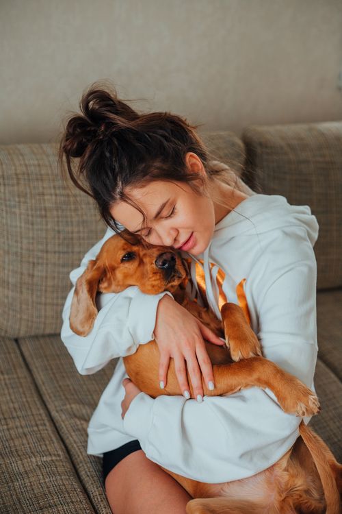 owner hugging her dog on the couch at home