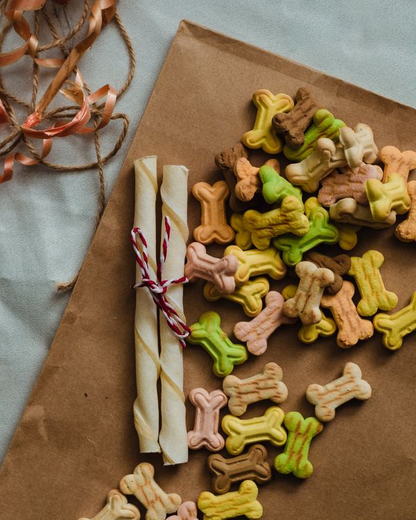 bone-shaped dog biscuits arranged on brown paper