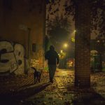 A man walking his dog down a lit city street after dark in autumn