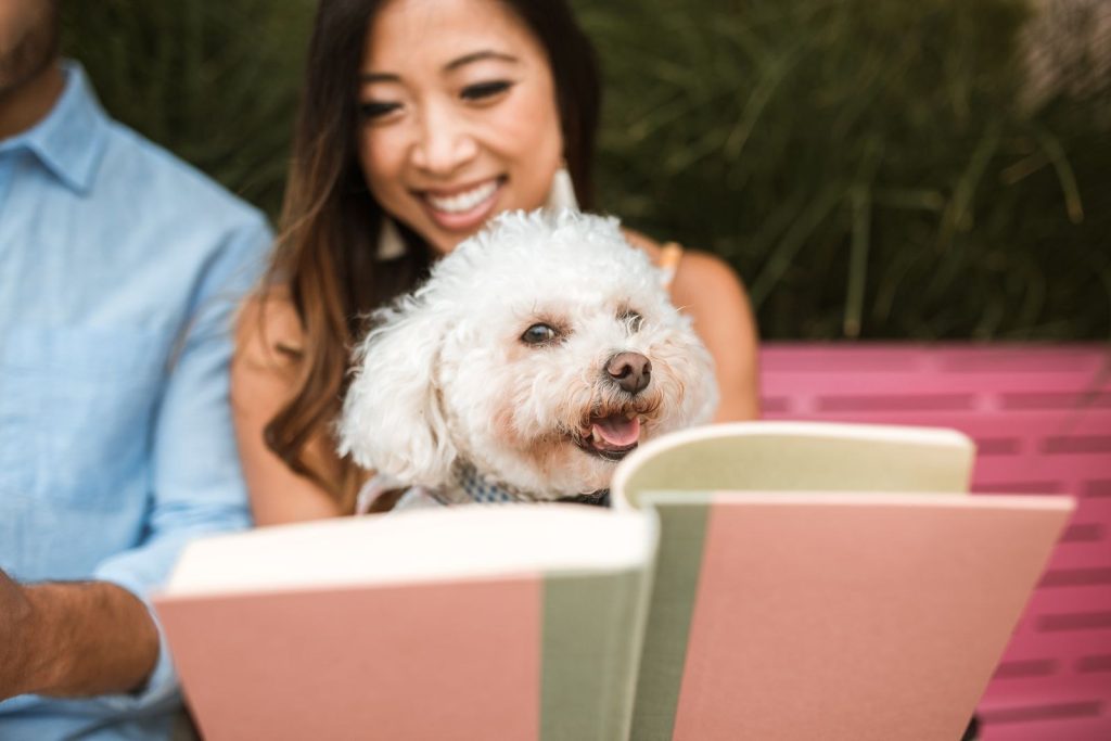 Woman sitting with a small fluffy dog on her lap at home
