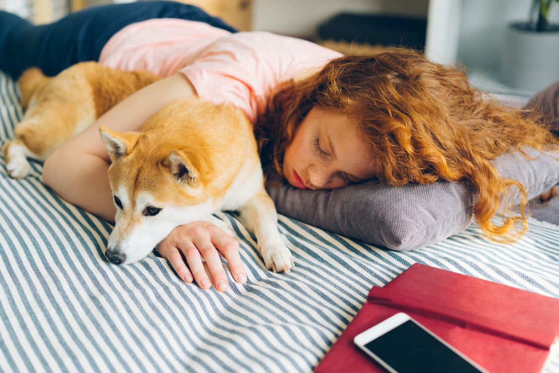 A woman sleeping in bed beside her dog