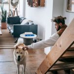 man petting an Akita dog in the living room of an apartment