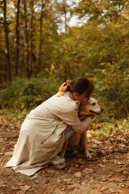woman hugging her older labrador on an autumn walk
